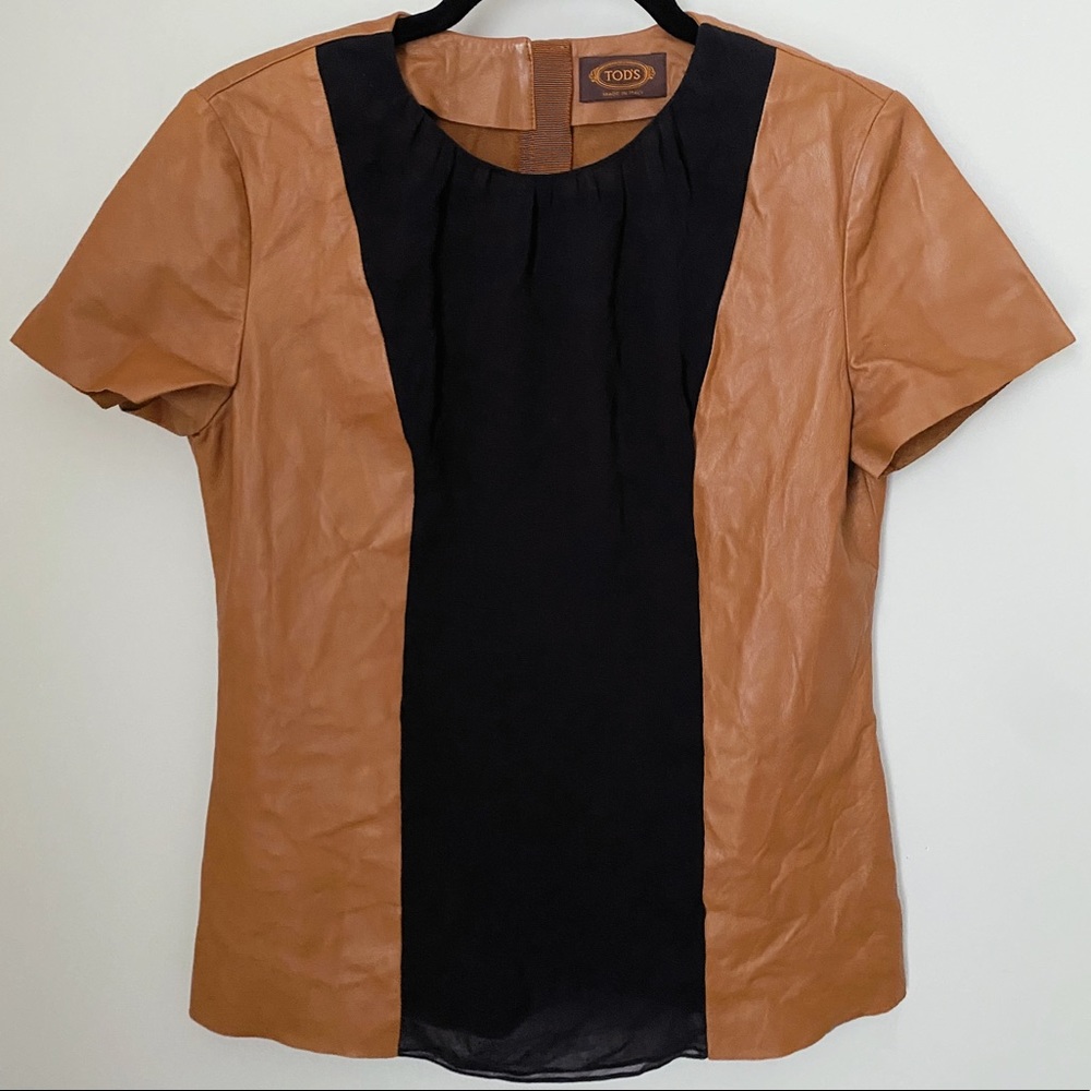 Tod’s Italy RTW Tan Ovine Leather Black Silk Crewneck Bi-Color Tee T-Shirt